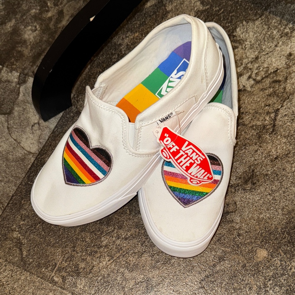 Vans White Slip-On with Rainbow Heart